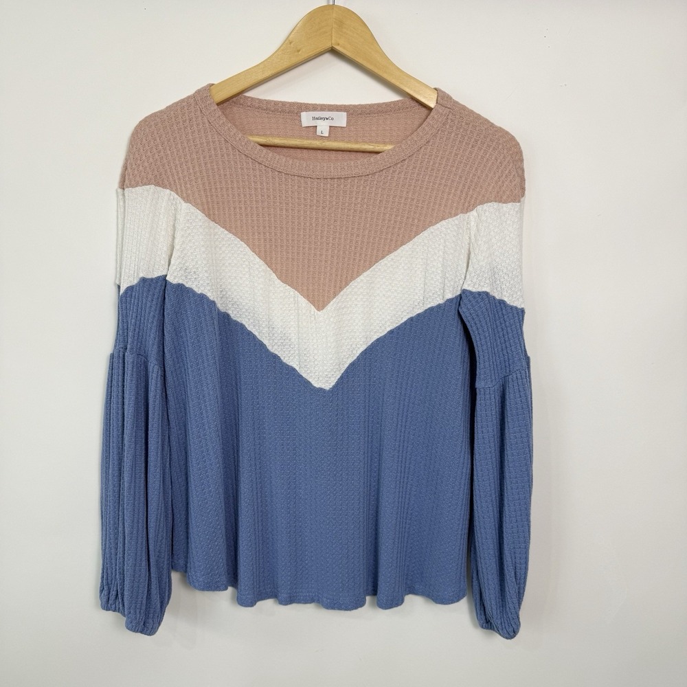 Hailey & Co Balloon Sleeve Colorblock Waffle Knit‎ Top Womens Large Blue Mauve